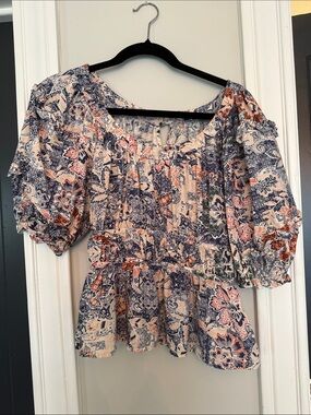 Moon River Navy, Pink and Cream Floral Peasant Top